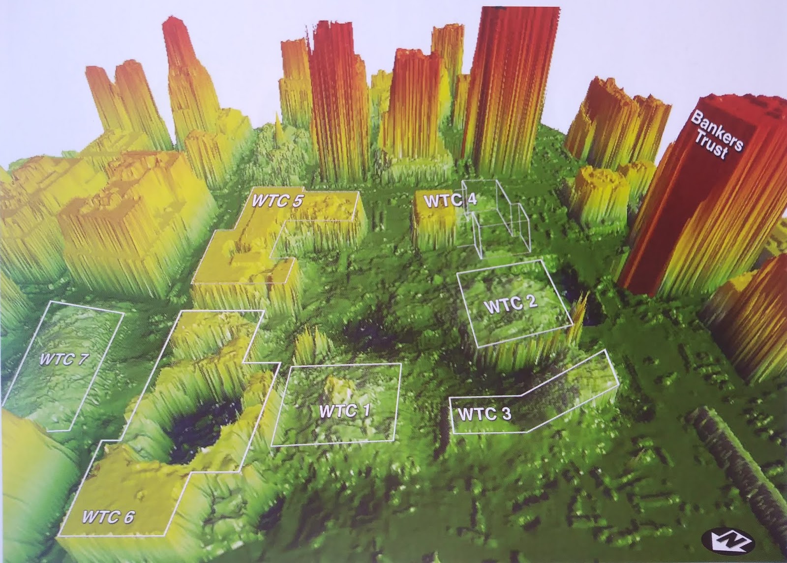Figure 22. (9/16-23/01) LIDAR image of the WTC complex showing the remains of WTC1, WTC2, other WTC buildings.
  <br>
  - Photo by NOAA/US. Army JPSD